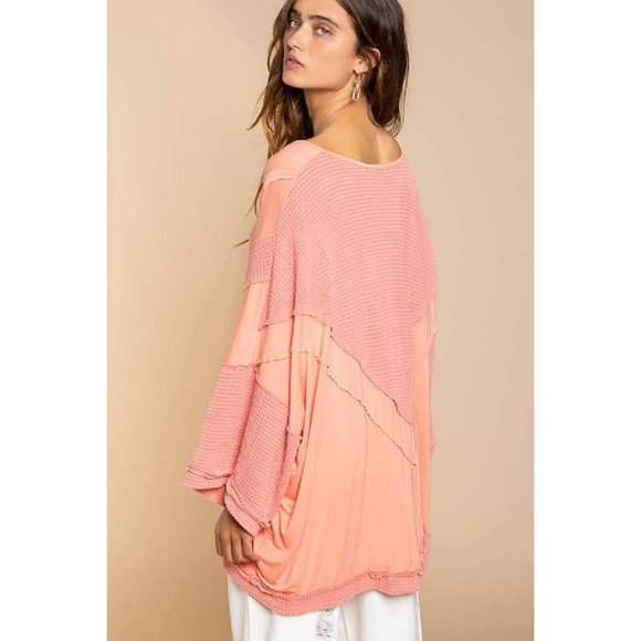 POL Coral Orange Oversized fit V-neck 3/4 Sleeve Thermal Knit Top - Picture 4 of 5